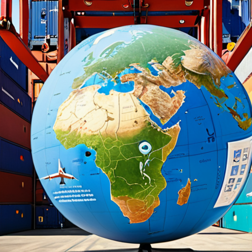** A globe surrounded by shipping containers, airplanes, and trucks, with Hindi script overlaid showcasing the words "अंतर्राष्ट्रीय लॉजिस्टिक्स" (International Logistics). The image should convey a sense of global connectivity and opportunity.

**