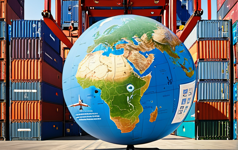 ** A globe surrounded by shipping containers, airplanes, and trucks, with Hindi script overlaid showcasing the words "अंतर्राष्ट्रीय लॉजिस्टिक्स" (International Logistics). The image should convey a sense of global connectivity and opportunity.

**