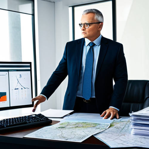 Home 6 A professional, middle-aged male logistics expert, fully clothed in a crisp, modest business suit, standing in a split-scene office setting. The left side of the frame depicts a traditional, cluttered desk with stacks of physical documents, maps, and an old telephone, symbolizing past challenges and a sense of overwhelm. The right side showcases a modern, minimalist workspace with multiple large digital screens displaying real-time tracking dashboards, data visualizations, and an integrated interface, representing modern solutions and calm efficiency. The subject gestures confidently towards the digital side. Perfect anatomy, correct proportions, natural pose, well-formed hands, proper finger count, natural body proportions. Professional photography, high quality, safe for work, appropriate content, fully clothed, professional.