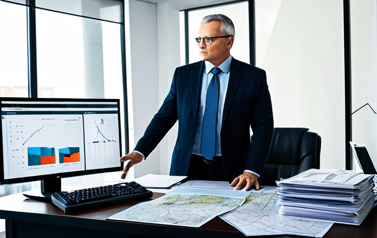 A professional, middle-aged male logistics expert, fully clothed in a crisp, modest business suit, standing in a split-scene office setting. The left side of the frame depicts a traditional, cluttered desk with stacks of physical documents, maps, and an old telephone, symbolizing past challenges and a sense of overwhelm. The right side showcases a modern, minimalist workspace with multiple large digital screens displaying real-time tracking dashboards, data visualizations, and an integrated interface, representing modern solutions and calm efficiency. The subject gestures confidently towards the digital side. Perfect anatomy, correct proportions, natural pose, well-formed hands, proper finger count, natural body proportions. Professional photography, high quality, safe for work, appropriate content, fully clothed, professional.