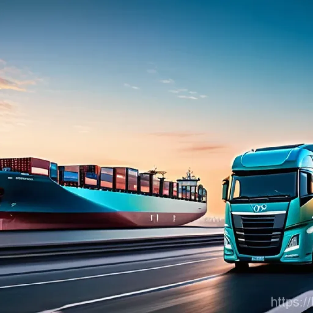 국제물류와 친환경 물류의 접점 - A bustling, futuristic global logistics hub at dawn, showcasing a fleet of advanced electric semi-tr...