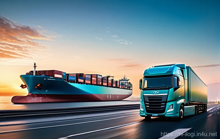 국제물류와 친환경 물류의 접점 - A bustling, futuristic global logistics hub at dawn, showcasing a fleet of advanced electric semi-tr...