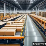 국제물류사와 물류창고 관리의 연관성 - **Prompt:** "A bustling, modern warehouse interior. Robotic arms efficiently move packages along con...