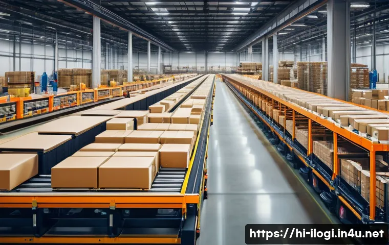 국제물류사와 물류창고 관리의 연관성 - **Prompt:** "A bustling, modern warehouse interior. Robotic arms efficiently move packages along con...