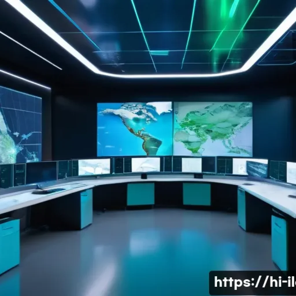 국제물류사의 장기적 커리어 플랜 - A futuristic global logistics control room with diverse professionals collaborating over digital hol...