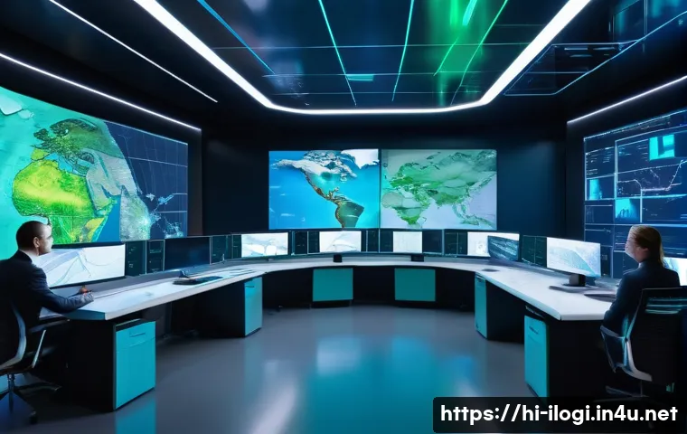국제물류사의 장기적 커리어 플랜 - A futuristic global logistics control room with diverse professionals collaborating over digital hol...