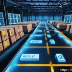 Home 19 국제물류에서 블록체인의 활용 가능성 - A modern logistics warehouse scene showcasing blockchain technology integration: diverse Indian prof...