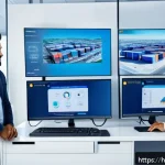 Home 23 국제물류사 취업 시 추천 해외 기업 - A modern digital logistics office environment with diverse Indian professionals collaborating around...