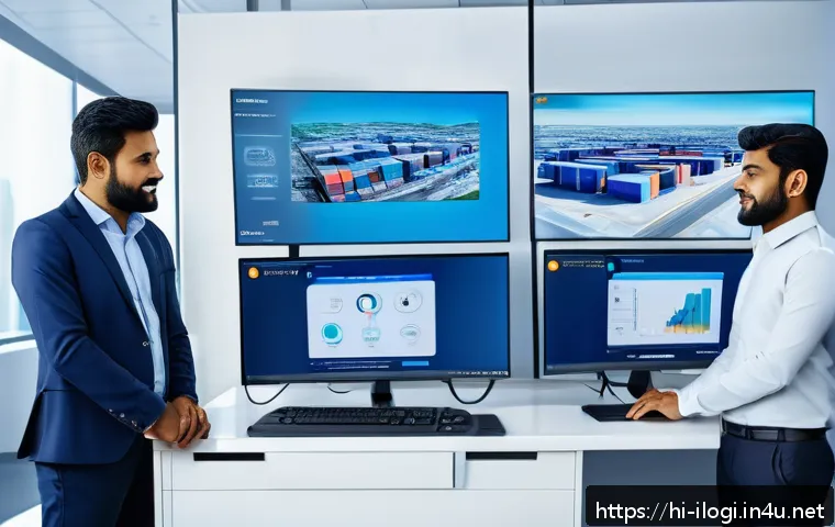 국제물류사 취업 시 추천 해외 기업 - A modern digital logistics office environment with diverse Indian professionals collaborating around...