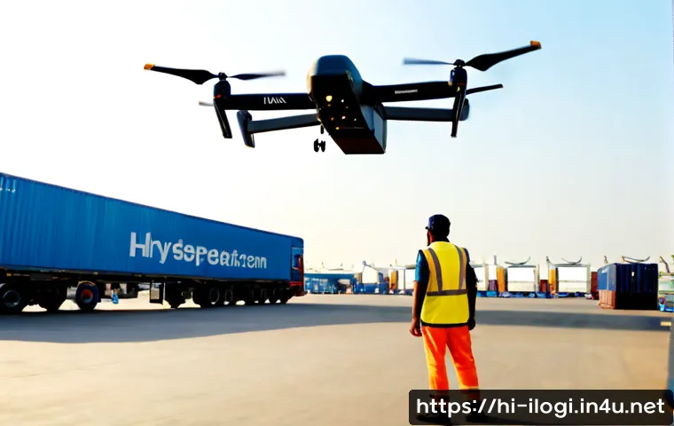국제물류에서 드론 활용 사례 - Photorealistic international logistics scene at a modern Indian cargo airport at sunrise, a large de...